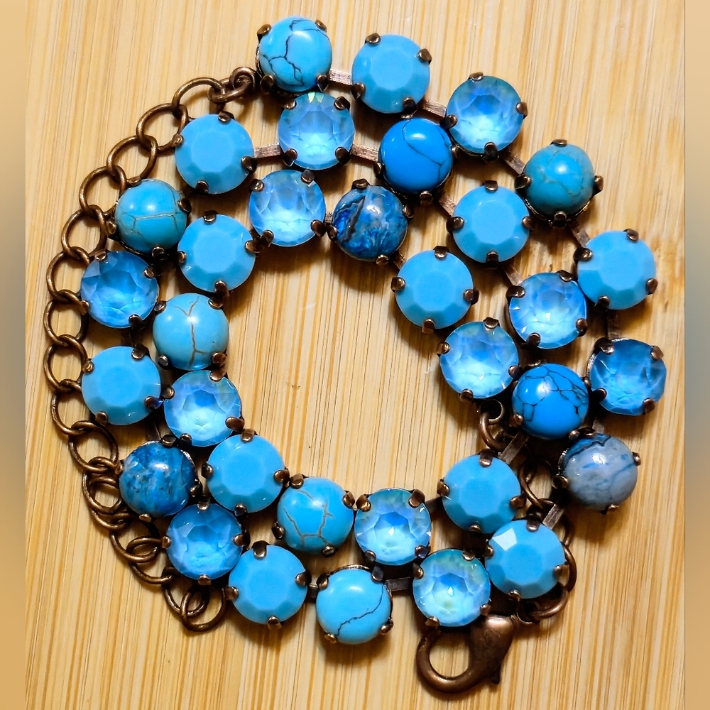 Blue Turquoise & Crystal In Artisan Made ClassicNecklace In Antique Copper